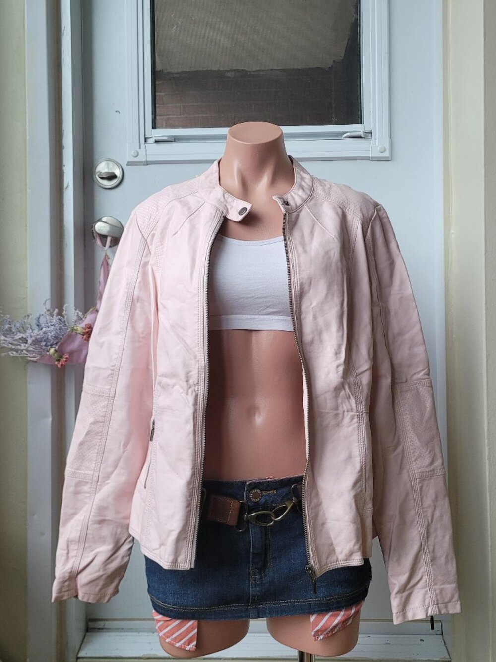 Reitmans Baby Pink Vintage Leather Rider Jacket